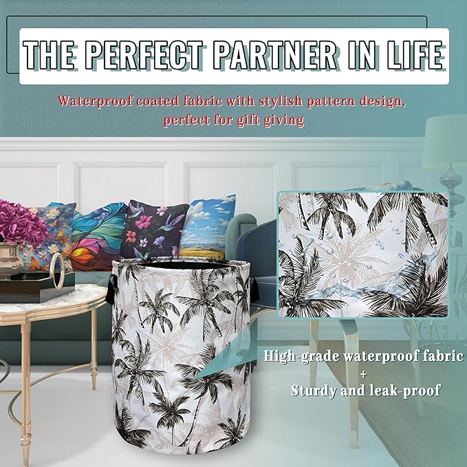 Vintage Tropical Palm Trees Laundry Basket Foldable With Handles Tote Bag Oxford Cloth Colorful Laundry Hamper 18.9"x1 6.5 "Clothe Storage Bucket Toy Organizer For Bathroom/Laundry/Bedroom