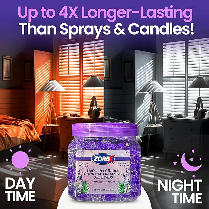 ZORBX Refresh & Relax Odor Neutralizing Gel Beads 12 Oz. 2 Pack – Lavender & Lemongrass Gel Beads Air Freshener Infused with Essential Oils – For Living Room, Bathroom, Car, Closet & Home