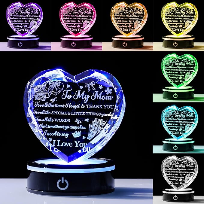 to My Mom Crystal Heart Gift with LED Base - A Mother's Love is Forever Laser Engraved Message, Meaningful Birthday Mother's Day Gift from Daughter Son, Thanksgiving Christmas Keepsake