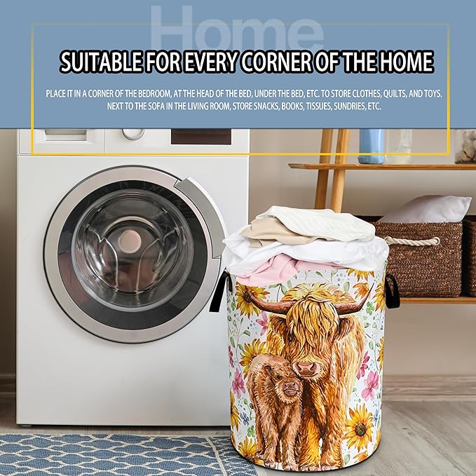 Highland Cow Laundry Basket Beautiful Flowers Foldable Oxford Cloth Funny Tote Bag Laundry Hamper Clothes Storage Bucket Toy Organizer For Bathroom/Laundry Storage/Bedroom 18.9x16.5 Inch