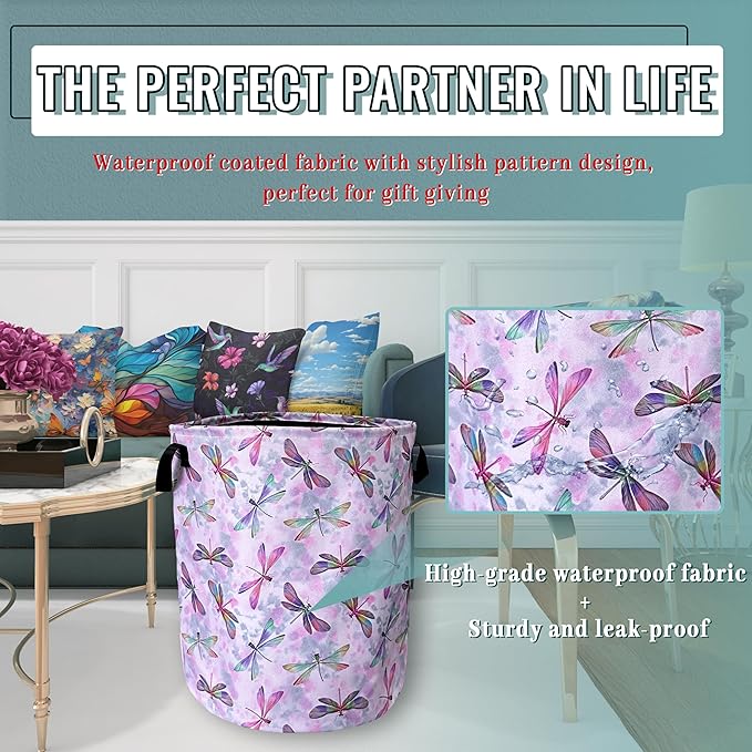 Watercolor Dragonfly Laundry Basket Foldable With Handles Tote Bag Oxford Cloth Colorful Laundry Hamper Clothes Storage Bucket Toy Organizer 18.9"x16.5" For Bathroom/Laundry/Bedroom
