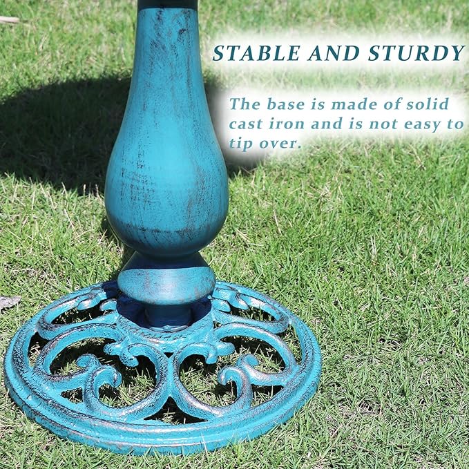 26.6”H×12.3" W Cast Iron Pedestal Bird Bath，Metal Birdbaths Bird Feeder Seed Tray for Garden Yard Decor -Blue.