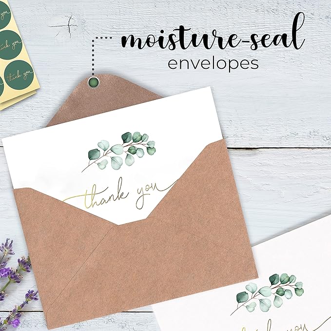 100 Heavyweight Blank Thank You Cards with Envelopes for a Personal Touch, Eucalyptus Thank You Card for Any Occasion, Wedding, Bulk Pack Card with Envelopes & Stickers (3.7 x 5.1 Inches) (100 Pack)