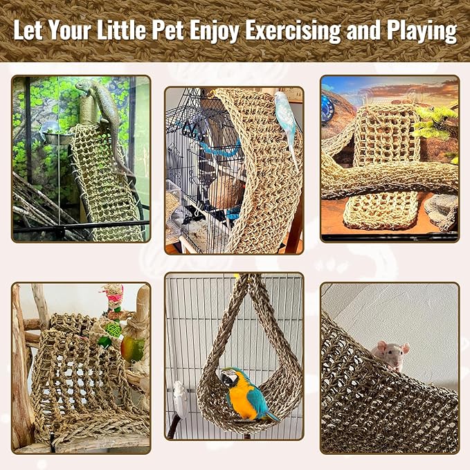 2Pcs 29.5 x 7 inches Large Bird Seagrass Mat Grass Woven Net Parrot Hammock Mat Parakeet Climbing Rope Ladder with Hooks Bird Cage Accessories for Conure Cockatiel Budgie Macaw Bearded Dragon