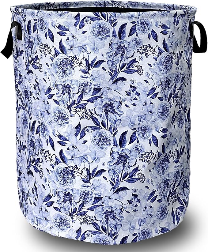 Blue Flower Floral Laundry Basket Foldable With Handles Beautiful Tote Bag Oxford Cloth Colorful Laundry Hamper Clothes Storage Bucket Toy Organizer 18.9"x16.5"For Bathroom/Laundry/Bedroom
