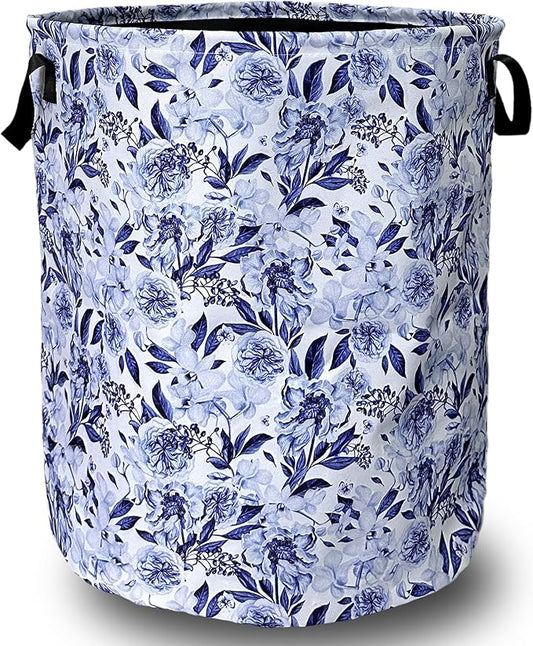 Blue Flower Floral Laundry Basket Foldable With Handles Beautiful Tote Bag Oxford Cloth Colorful Laundry Hamper Clothes Storage Bucket Toy Organizer 18.9"x16.5"For Bathroom/Laundry/Bedroom