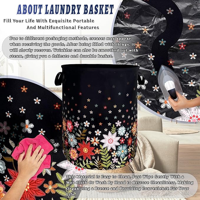 Cute Colorful Floral Laundry Basket Foldable Flowers Laundry Hamper With Handle Oxford Cloth Portable Clothes Storage Organizer Basket 18.9"x16.5" Laundry Bag For Laundry Room/Bedroom/Bathrooms