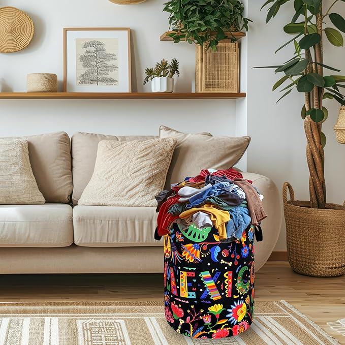 Mexico Laundry Basket Foldable Colorful Hippie Floral Laundry Hamper With Handle Oxford Cloth Portable Clothes Storage Organizer Basket 18.9"x16.5" Laundry Bag For Laundry Room/Bedroom/Bathrooms