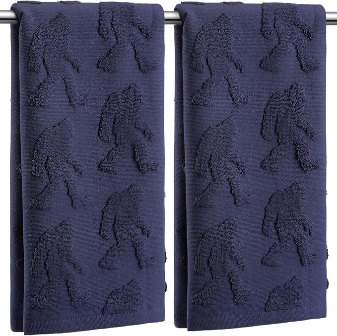 2 Pcs Bigfoot Sasquatch Hand Towels for Bathroom, Dark Blue 100% Cotton Absorbent Big Foot Jacquard Weave Funny Decorative Towels for Bathroom Kitchen Decor Gift, 13.7 x 29.5 Inch