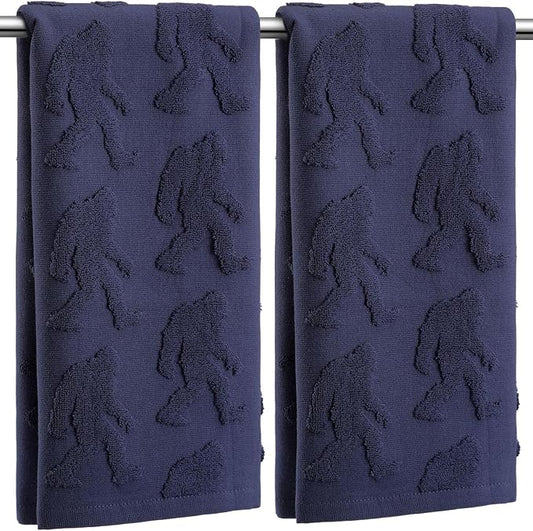2 Pcs Bigfoot Sasquatch Hand Towels for Bathroom, Dark Blue 100% Cotton Absorbent Big Foot Jacquard Weave Funny Decorative Towels for Bathroom Kitchen Decor Gift, 13.7 x 29.5 Inch