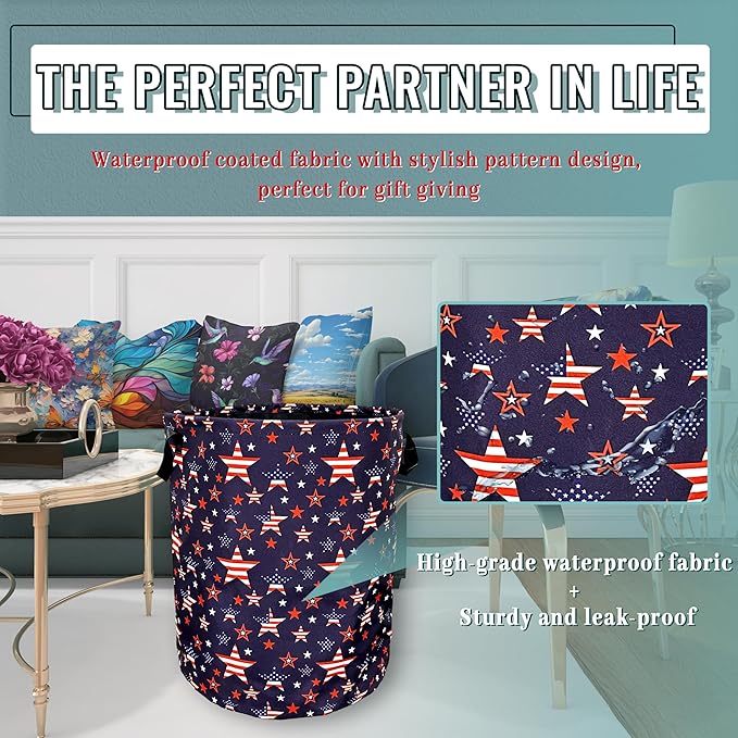 American Flag Laundry Basket Foldable With Handles US Flag With Stars Tote Bag Oxford Cloth Laundry Hamper Clothes Storage Bucket Toy Organizer 18.9"x16.5" For Bathroom/Laundry/Bedroom