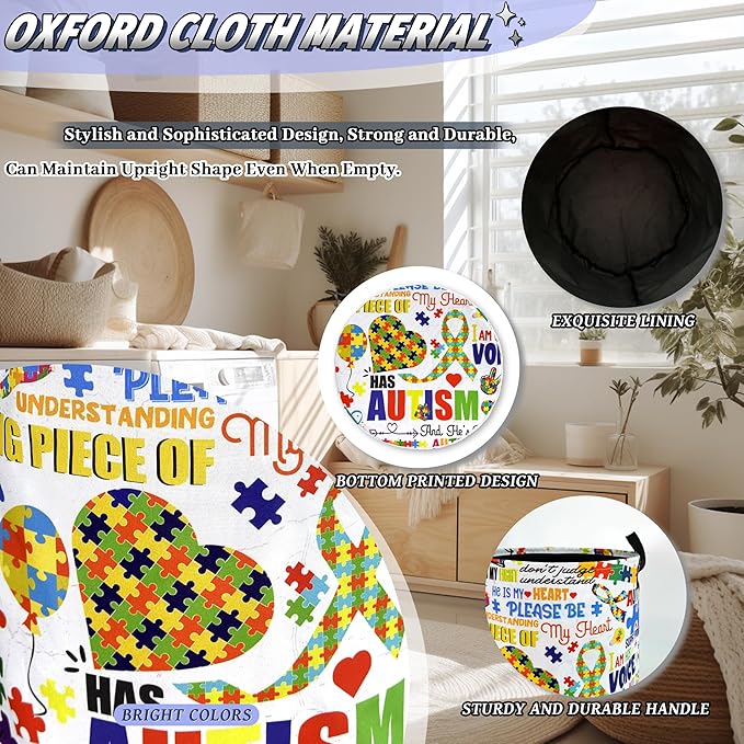 Autism Awareness Ribbon Laundry Hamper Oxford Cloth Funny Autism Laundry Basket With Handle Portable Clothes Storage Basket Foldable Laundry Bag 18.9"x16.5" For Laundry Room/Bedroom/Bathrooms