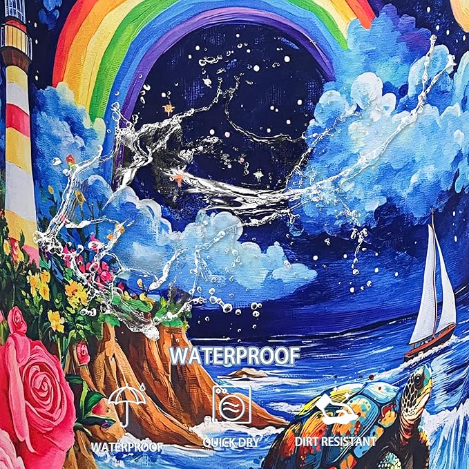 Beach Sea Turtle Laundry Basket Rainbow Lighthouse Foldable Waterproof Oxford Cloth Funny Tote Bag Laundry Hamper Clothes Storage Bucket Toy Organizer For Bathroom/Laundry Storage/Bedroom 18.9x16.5 In