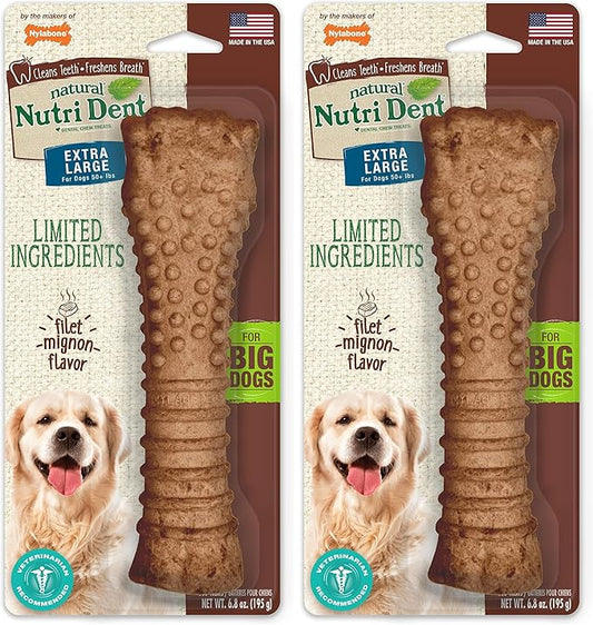 Nylabone Nutri Dent Dog Dental Chews - Natural Dog Teeth Cleaning & Breath Freshener - Dental Treats for Dogs - Filet Mignon Flavor, X-Large (1 Count) (Pack of 2)