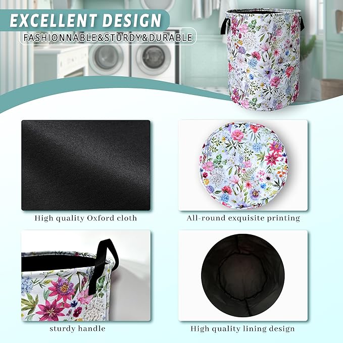 Watercolor Flower Floral Laundry Basket Foldable With Handles Tote Bag Oxford Cloth Colorful Laundry Hamper Clothes Storage Bucket Toy Organizer 18.9" x 16.5" For Bathroom/Laundry/Bedroom