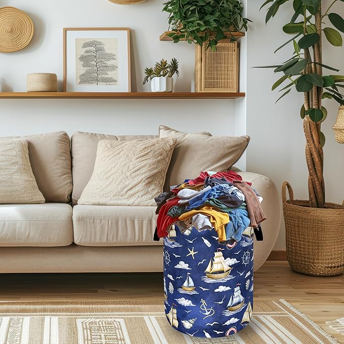 Funny Laundry Basket Foldable Nautical Laundry Hamper With Handle Oxford Cloth Portable Clothes Storage Organizer Basket 18.9"x16.5" Laundry Bag For Laundry Room/Bedroom/Bathrooms