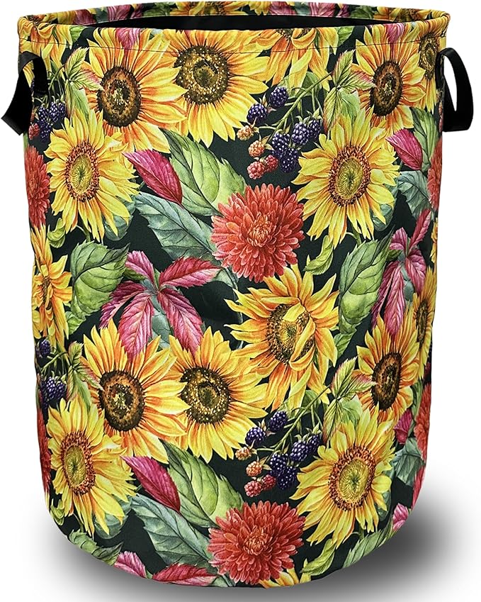 Yellow Sunflowers Laundry Basket Foldable With Handles Tote Bag Oxford Cloth Colorful Floral Laundry Hamper Clothes Storage Bucket Toy Organizer 18.9" x 16.5" For Bathroom/Laundry/Bedroom