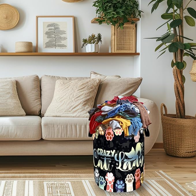 Watercolor Cat Paw Laundry Basket Foldable Funny Animal Cats Laundry Hamper With Handle Oxford Cloth Portable Clothes Storage Organizer Basket 18.9"x16.5"Laundry Bag For Laundry Room/Bedroom/Bathroom