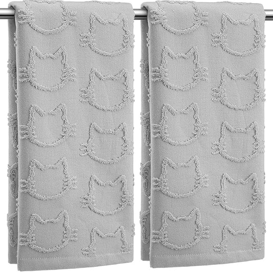2 Pcs Cat Hand Towels for Bathroom, Cute Gray Kitty Face Jacquard Weave 100% Cotton Absorbent Decorative Towels for Bathroom Kitchen Decor Gift, 13.7 x 29.5 Inch