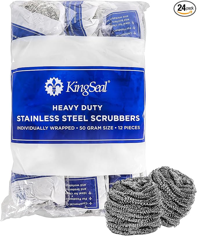 24 Count | KingSeal Stainless Steel Scrubbers, Scrub Pads, Heavy Duty, 50 gram Weight, Individually Wrapped - 2 Packs of 12 Scrubbers