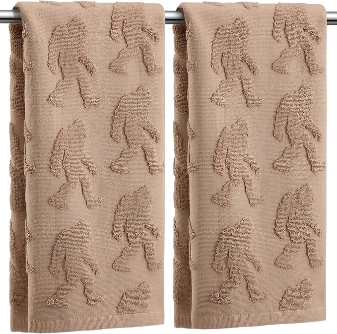 2 Pcs Big Foot Sasquatch Jacquard Hand Towels for Bathroom Brown Hand Towels 100% Cotton Absorbent Decorative Weave Neutral Bathroom Decor, 13.7 x 29.5 Inch