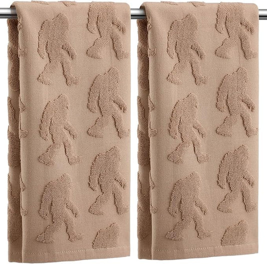 2 Pcs Big Foot Sasquatch Jacquard Hand Towels for Bathroom Brown Hand Towels 100% Cotton Absorbent Decorative Weave Neutral Bathroom Decor, 13.7 x 29.5 Inch