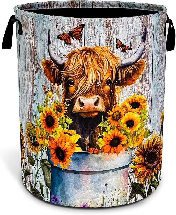 Highland Cow Sunflower Laundry Basket Animal Foldable Oxford Cloth Funny Tote Bag Laundry Hamper Clothes Storage Bucket Toy Organizer For Bathroom/Laundry Storage/Bedroom 18.9x16.5 Inch