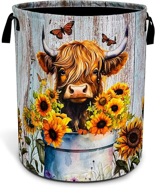 Highland Cow Sunflower Laundry Basket Animal Foldable Oxford Cloth Funny Tote Bag Laundry Hamper Clothes Storage Bucket Toy Organizer For Bathroom/Laundry Storage/Bedroom 18.9x16.5 Inch