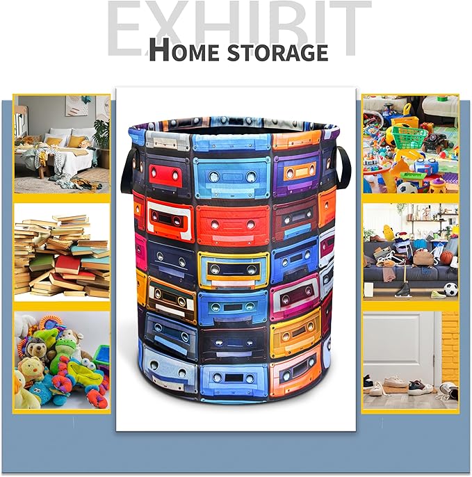 Vintage Cassette Music Tape Laundry Basket Foldable Oxford Cloth Funny Tote Bag Laundry Hamper Clothes Storage Bucket Toy Organizer For Bathroom/Laundry Storage/Bedroom 18.9x16.5 Inch