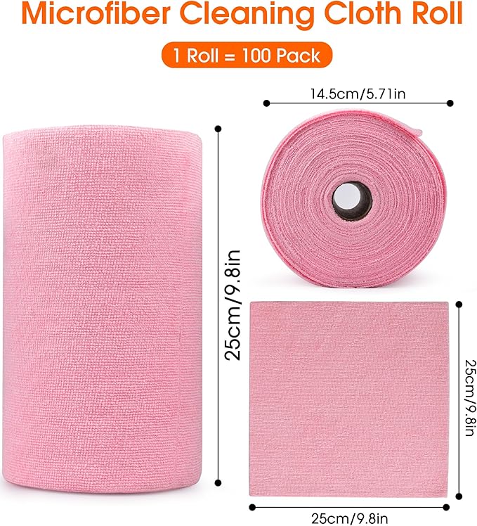 Roll of Microfiber Cleaning Cloth –100 Pack, Tear Away Microfiber Towels, Reusable, Washable, Scratch-Free, Cleaning Supplies,Kitchen Towels for Car, Home, Kitchen, Dishes (Pink)