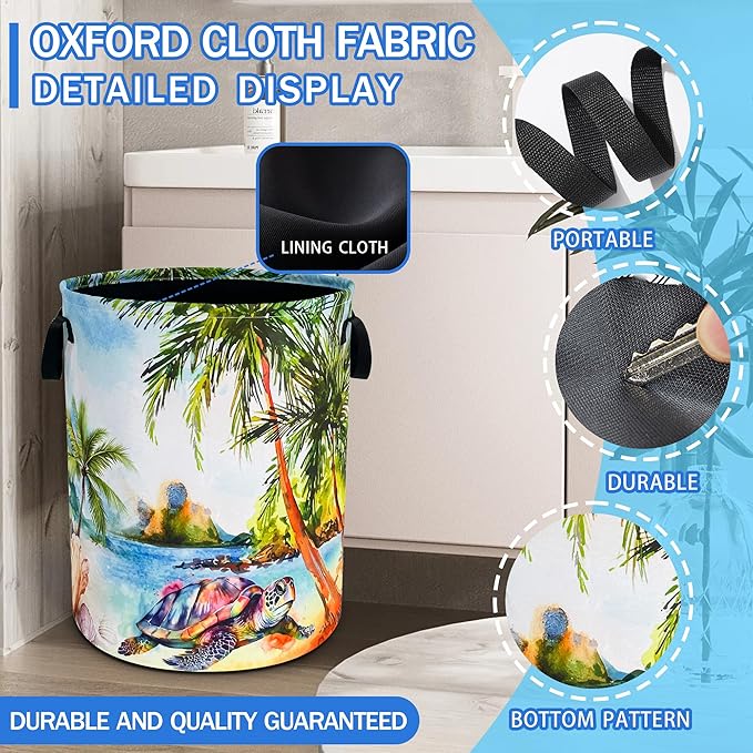 Hawaiian Beach Sea Turtle Laundry Basket Oxford Cloth Laundry Hamper With Handle Foldable Portable Clothes Storage Basket 18.9 X 16.5 In Storage Bag For Laundry Room/Bathroom/Bedroom/Dormitories