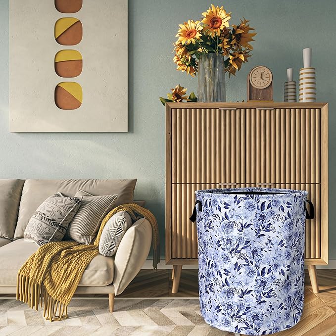 Blue Flower Floral Laundry Basket Foldable With Handles Beautiful Tote Bag Oxford Cloth Colorful Laundry Hamper Clothes Storage Bucket Toy Organizer 18.9"x16.5"For Bathroom/Laundry/Bedroom