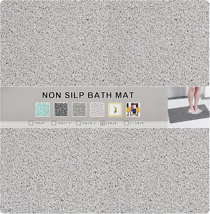 Nonslip Bathtub Mat, Anti Slip Bath Mat 0.6" Extra Thick, Quick Dry Bath Tub Anti Slip Shower Mat, Loofah Non-Slip Bath Mat for Tub Bathroom Pool Kitchen Entryway Home Hotel(Light Gray 24x24)