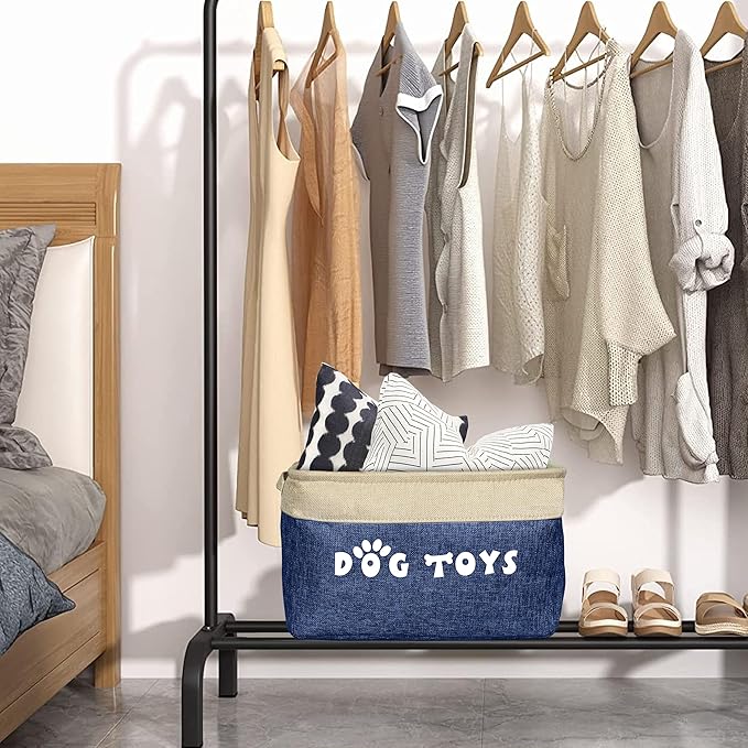 PET ARTIST Dog Toy Basket, Collapsible Dog Toy Bin Box with Comfortable Handles, Large Pet Toy Storage Basket Organizer for Accessories, Toys, Coat & Clothing, Blanket & Leash, Navy Blue, 15"x11"x9"