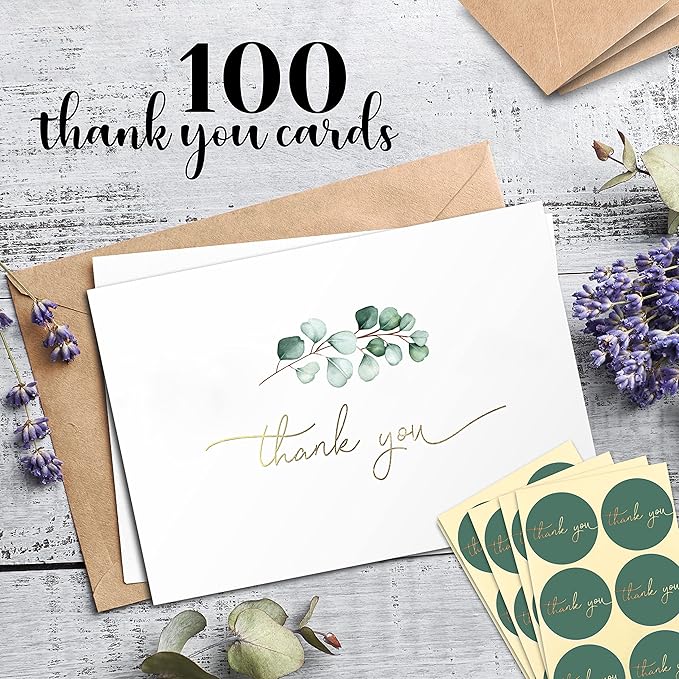 100 Heavyweight Blank Thank You Cards with Envelopes for a Personal Touch, Eucalyptus Thank You Card for Any Occasion, Wedding, Bulk Pack Card with Envelopes & Stickers (3.7 x 5.1 Inches) (100 Pack)