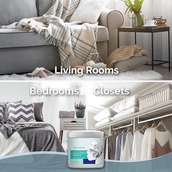 SMELLS BEGONE Air Freshener Odor Absorber Gel - Absorbs Odor from Bathrooms, Cars, Pet Areas, Boats and RVs - Made with Essential Oils - Soothing Breeze Scent - 15 Ounce