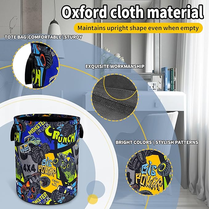 Truck Laundry Basket Big Rig Cartoon Foldable Waterproof Oxford Cloth Funny Tote Bag Laundry Hamper Clothes Storage Bucket Toy Organizer For Bathroom/Laundry Storage/Bedroom 18.9x16.5 Inch