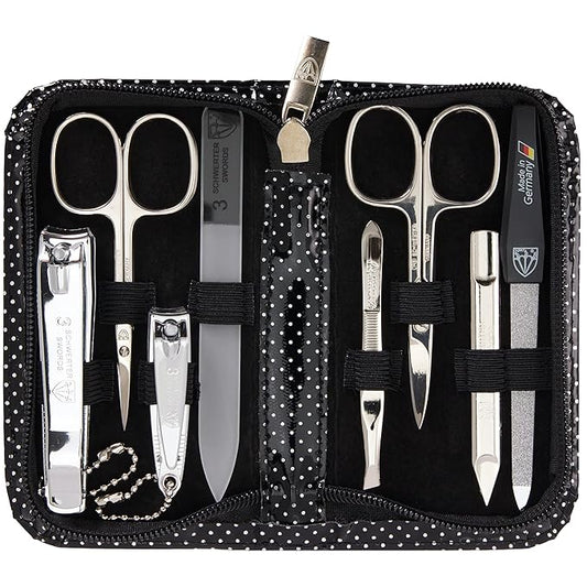 3 Swords Germany - brand quality 8 piece manicure pedicure grooming kit set synthetic leather case black silver spots - Made in Germany