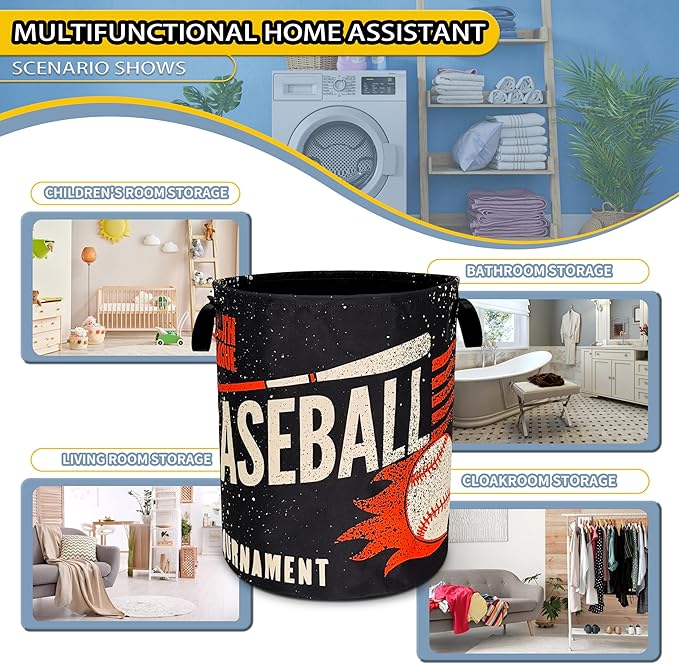 Baseball Laundry Basket Foldable Oxford Cloth Funny Tote Bag Laundry Hamper Clothes Storage Bucket Toy Organizer For Bathroom/Laundry Storage/Bedroom 18.9x16.5 Inch