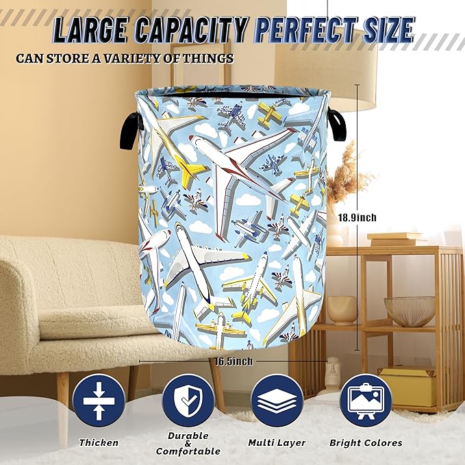 Cartoon Plane Laundry Basket Foldable Funny Laundry Hamper With Handle Oxford Cloth Portable Clothes Storage Organizer Basket 18.9"x16.5" Laundy Bag For Laundry Room/Bedroom/Bathrooms