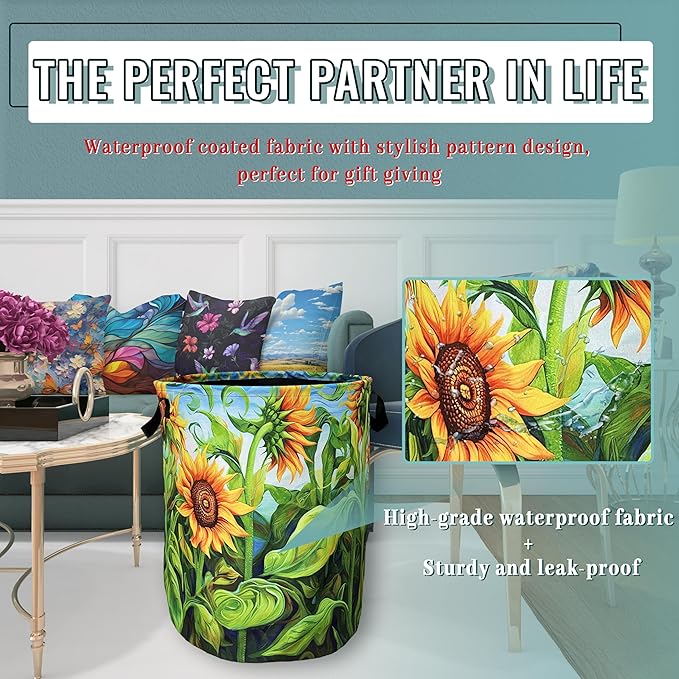 Watercolor Sunflowers Laundry Basket Foldable With Handles Colorful Tote Bag Oxford Cloth Laundry Hamper Clothes Storage Bucket Toy Organizer 18.9" x 16.5" For Bathroom/Laundry/Bedroom