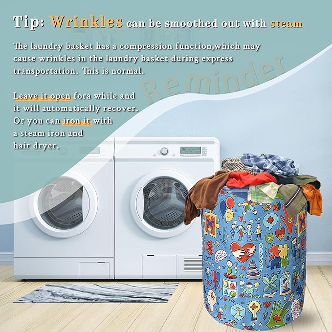 Autism Awareness Doodles Laundry Basket Foldable With Handles ColorfulTote Bag Oxford Cloth Funny Laundry Hamper Clothe Storage Bucket Toy Organizer 18.9"x16.5"For Bathroom/Laundry/Bedroom