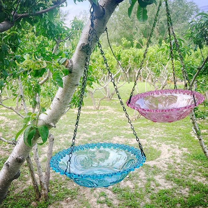 2 Pack Hanging Bird Baths Bowl Outdoor Feeder 15.8 Inch Metal Chains, Weather-Resistant Hanging Bird Feeder & Bath Tray for Garden Patio(Plastic Blue&Purple)