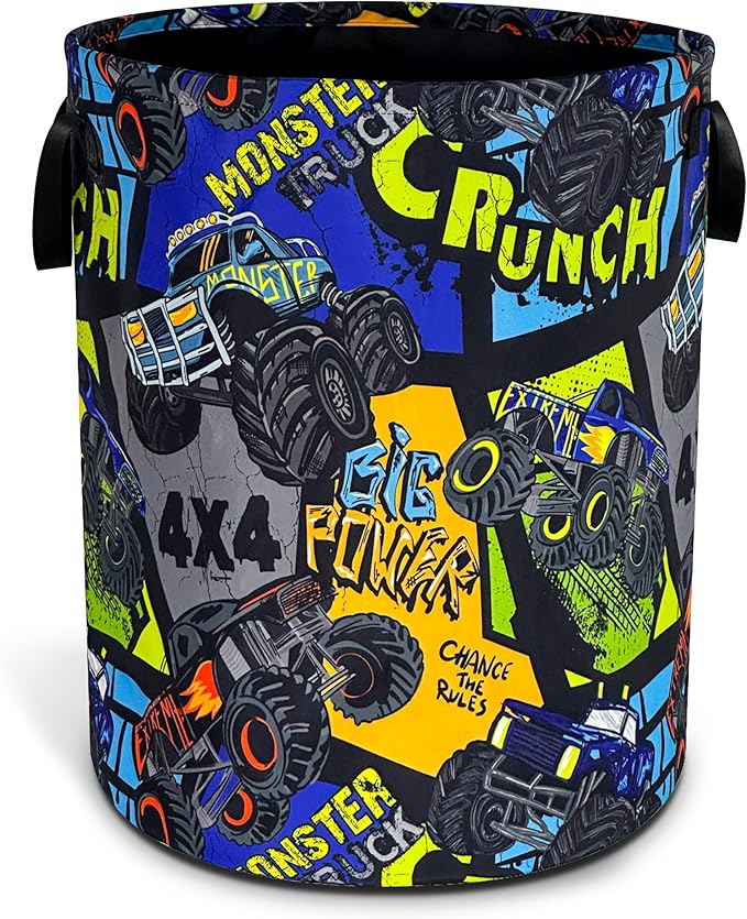 Truck Laundry Basket Big Rig Cartoon Foldable Waterproof Oxford Cloth Funny Tote Bag Laundry Hamper Clothes Storage Bucket Toy Organizer For Bathroom/Laundry Storage/Bedroom 18.9x16.5 Inch