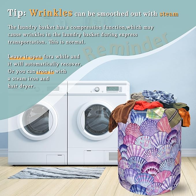 Watercolor Seashell Laundry Basket With Handles Oxford Cloth Tote Bag Colorful Laundry Hamper18.9"x16.5 "Foldable Clothe Storage Bucket Toy Organizer For Bathroom/Laundry/Bedroom