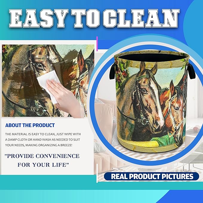 Horse Laundry Basket Riding Animal Oxford Cloth Laundry Hamper Funny With Handle Foldable Portable Clothes Storage Basket 18.9 X 16.5 In Storage Bag For Laundry Room/Bathroom/Bedroom/Dormitories