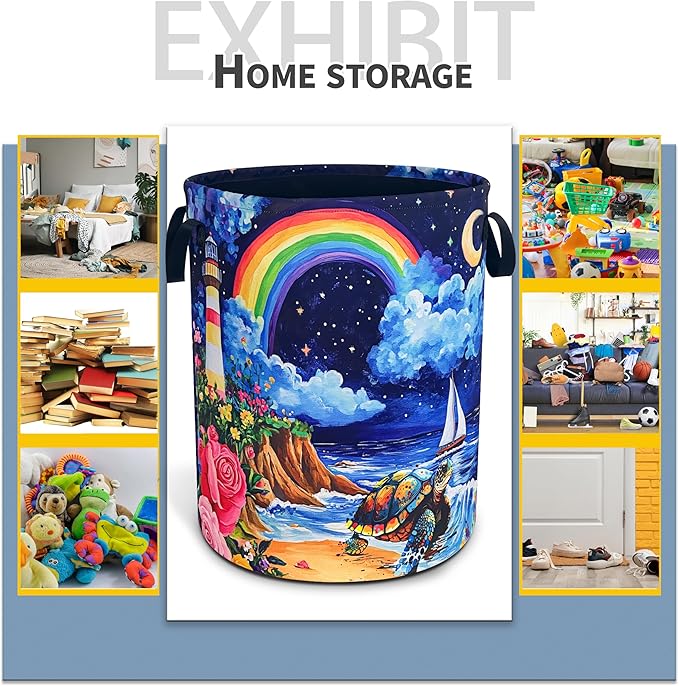 Beach Sea Turtle Laundry Basket Rainbow Lighthouse Foldable Waterproof Oxford Cloth Funny Tote Bag Laundry Hamper Clothes Storage Bucket Toy Organizer For Bathroom/Laundry Storage/Bedroom 18.9x16.5 In