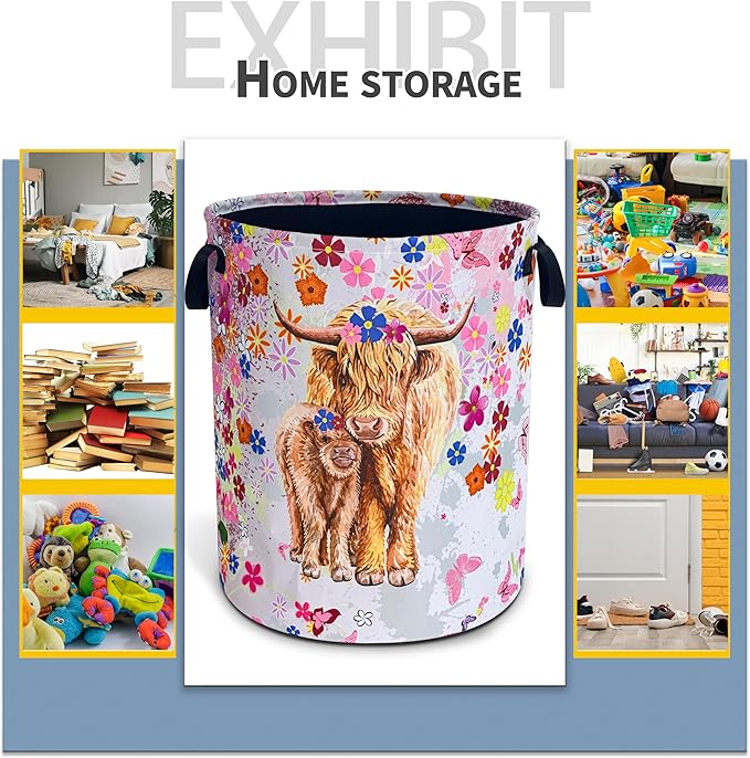 Highland Cow Laundry Basket Cute Cattle Foldable Waterproof Oxford Cloth Funny Tote Bag Laundry Hamper Clothes Storage Bucket Toy Organizer For Bathroom/Laundry Storage/Bedroom 18.9x16.5 Inch