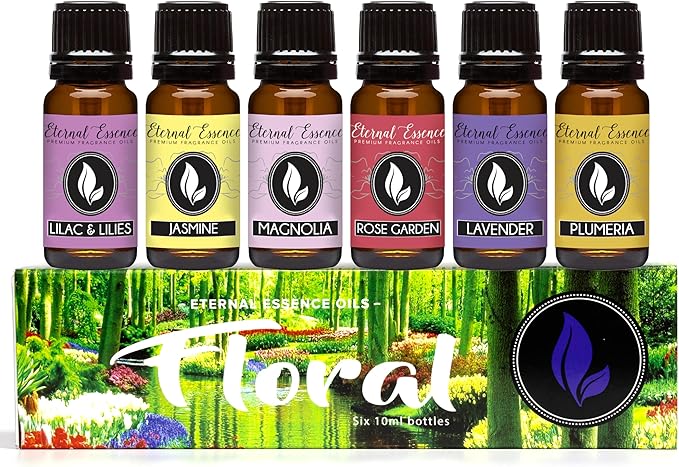 Eternal Essence Oils Floral Set of 6 Premium Fragrance Oils - Lavender, Lilac Lillies, Jasmine, Plumeria, Rose Garden, Magnolia Scented Oil - for Diffusers, Candle & Soap Making, & Aromatherapy