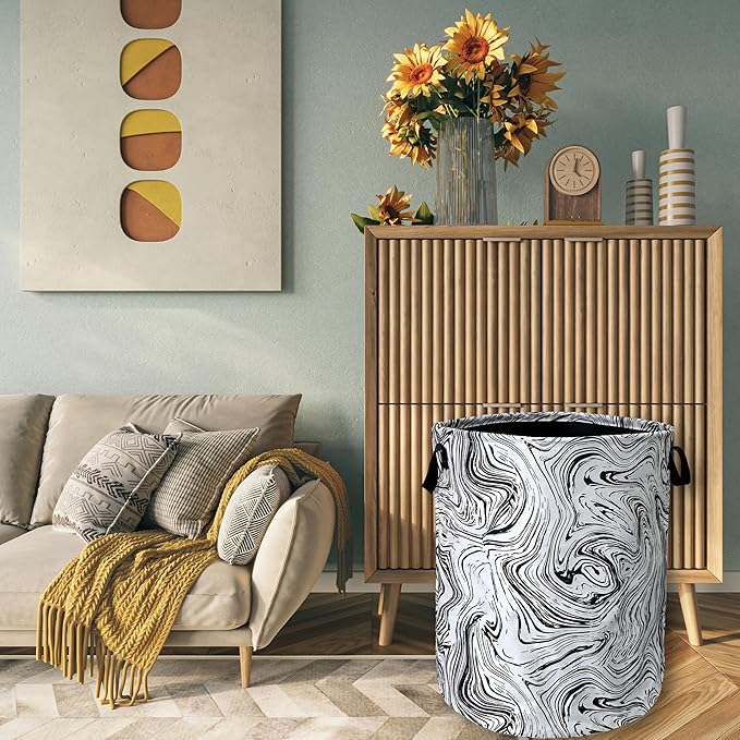 Black and White Marble Texture Laundry Basket Foldable With Handles Tote Bag Oxford Cloth Funny Laundry Hamper Clothes Storage Bucket Toy Organizer 18.9"x16.5"For Bathroom/Laundry/Bedroom